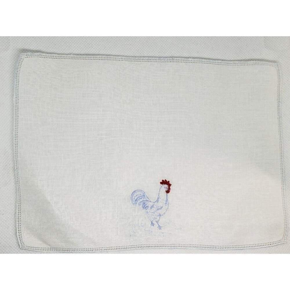 10 Vintage Ivory Cocktail Napkins Hand Embroidered Rooster Cockrell Chicken